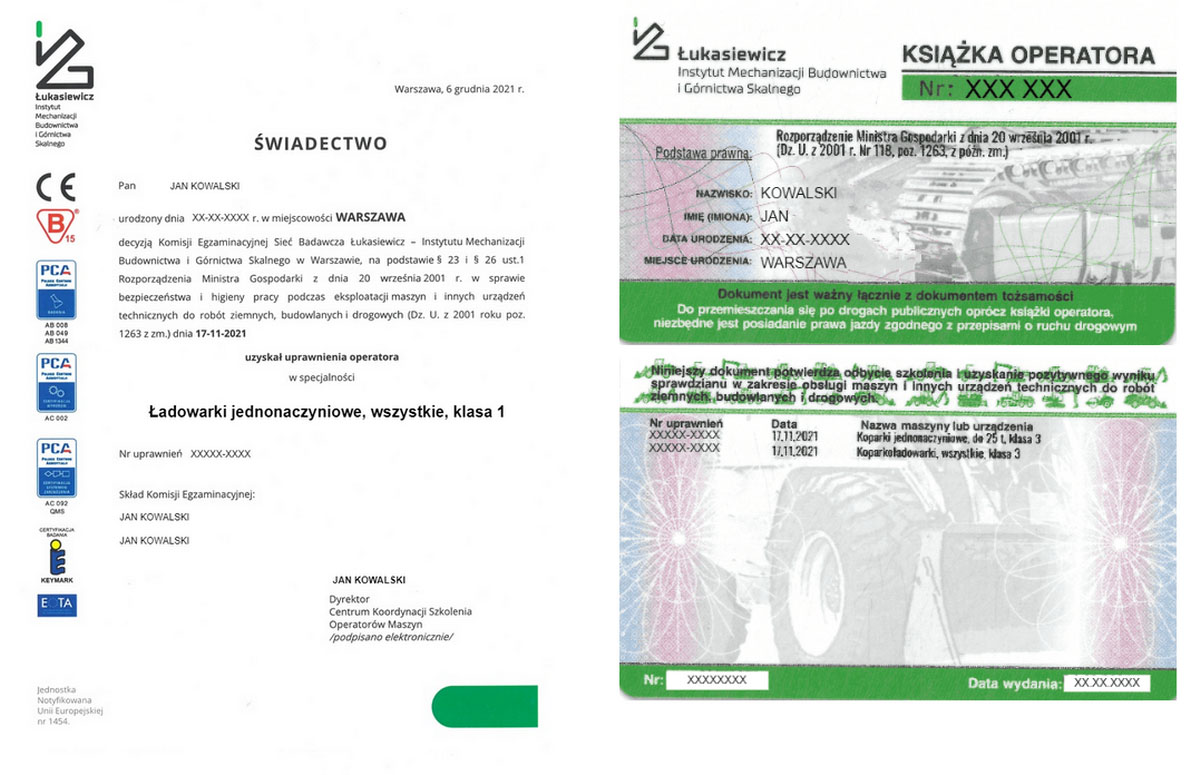 Wzór zaświadczenia kwalifikacyjnego uprawniającego do obsługi ładowarek
